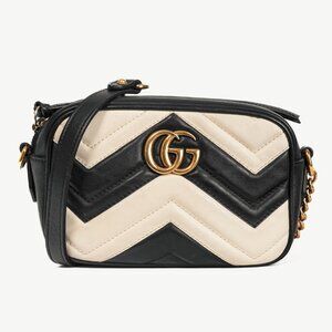 Gucci GG Marmont Black & Creme Chevron Mini Camera Bag